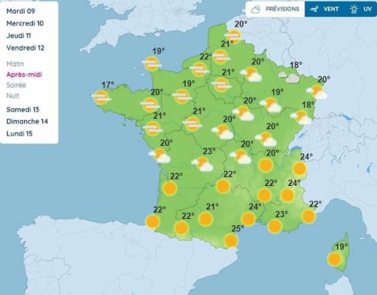 Weather forecast in France on Friday