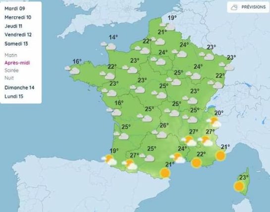 Weather forecast in France on Saturday